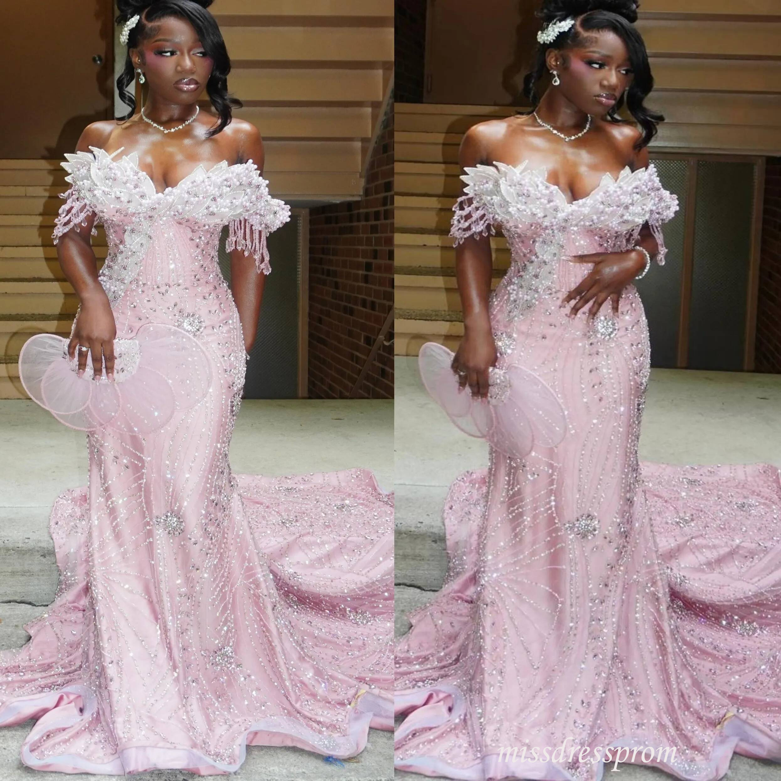 Aso Ebi Pink Mermaid Prom 2026 Petals Flower Crystals Sweetheart Evening Dresses Sparkly Birthday Formal Party Reception Second Long Dinner Dress