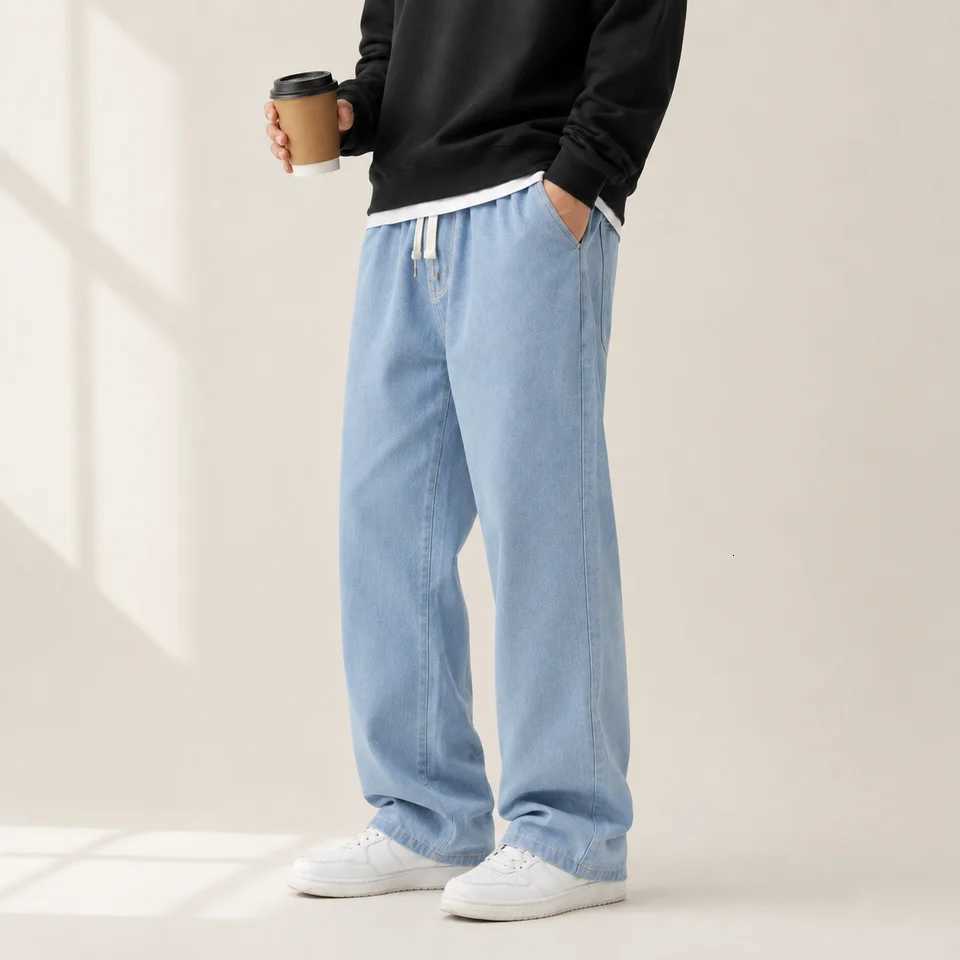 Men's Pants Men's Korean Loose Straight Jeans Autumn Winter Wide Leg Denim Pants Casual dr1 Streetwear Trousers Fashion Black Blue D260924