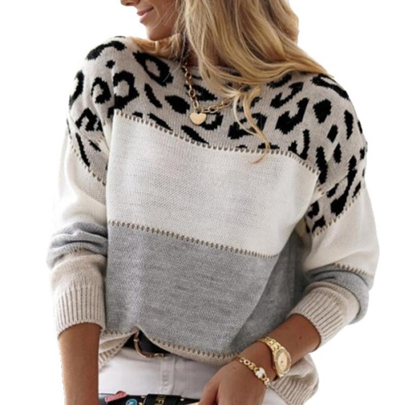 Designer Style New Arrival High Quality Women Leopard Print Color Block Boat Neck Knit Sweater Pullover Long Sleeve Loose Fit Casual Top Autumn 2
