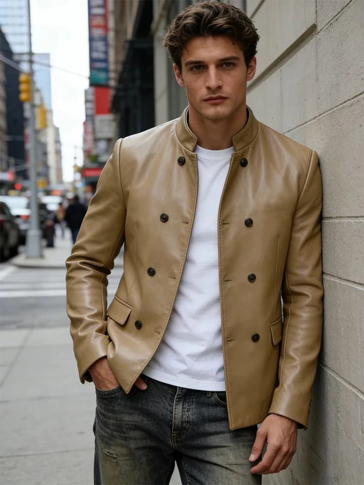 Men's Blazer Stand Collar Faux Leather Jacket High Quality Double Breasted Slim Fit Casual Coat For Business Office Outerwear 260923
