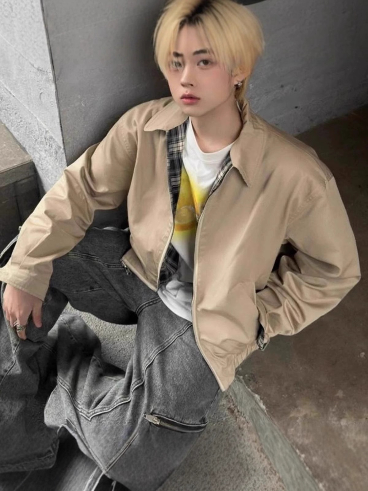 American-style short, wide, reversible plaid jacket, versatile for fall winter, solid-color men's outerwear, lapel collar, casual and stylish t