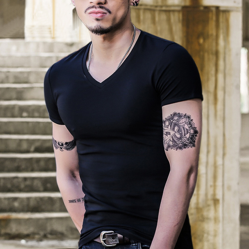 V-neck short-sleeve men's t-shirt, solid color, slim fit, large size, simple and versatile, stretchy base shirt, summer breathable top for youn