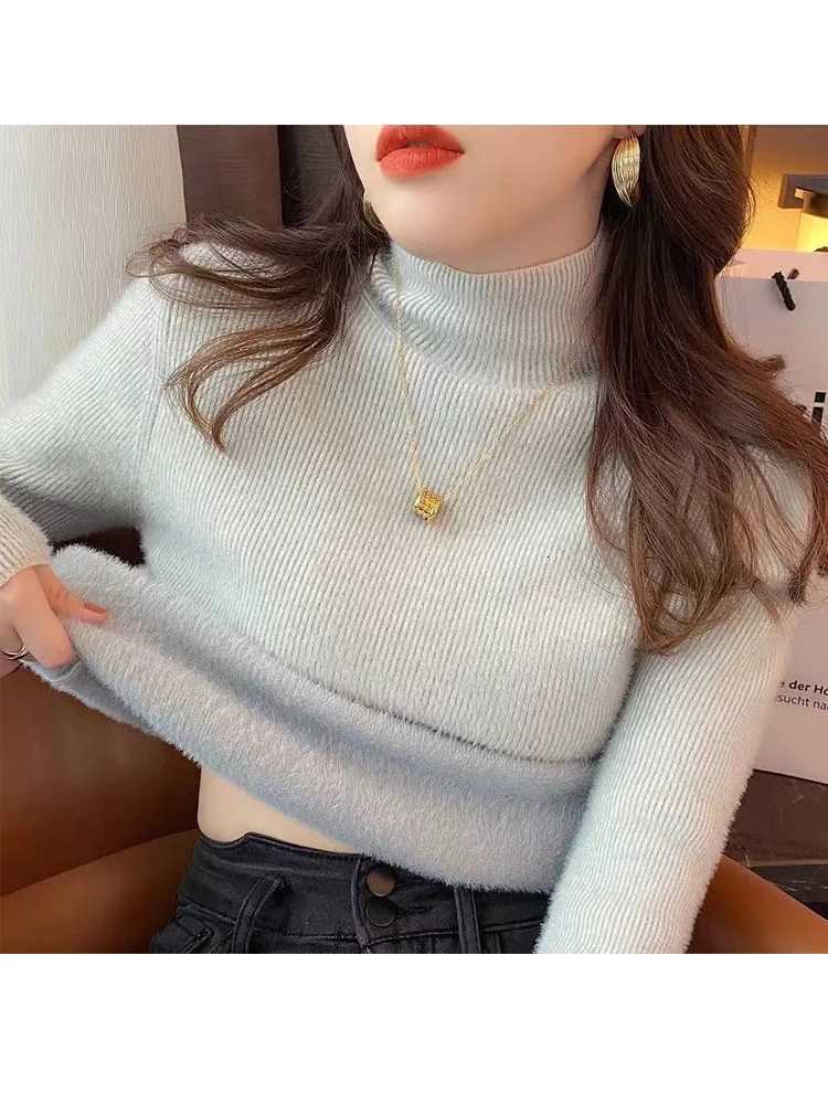 Women's Sweaters New Fashion Fleece-lined Jumper Knitted Pullovers Sweaters Women Autumn Winter Turtleneck Knit Tops Office Slim Chic Sweater H