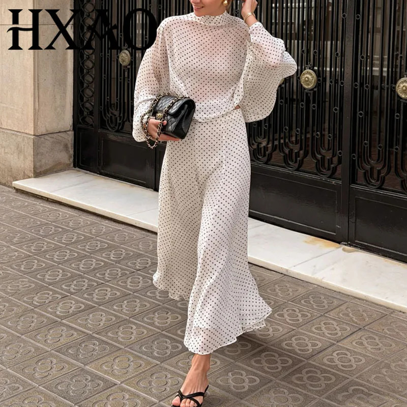 HXAO Womens Suit 2 Piece Set Elegant Female Sets Polka Dot Dress Outfits Summer Womens Suit With A Skirt Long Sleeve Outfits 260922