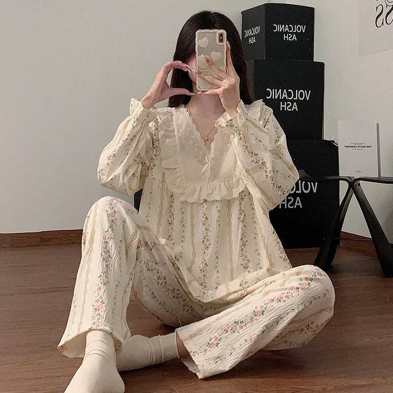 Women's Sleep Lounge New Spring Autumn Vertical-Striped Floral-Print Women's Pajamas V-neck Long Pants Long Sleeves 2 Piece Pajamas Set So