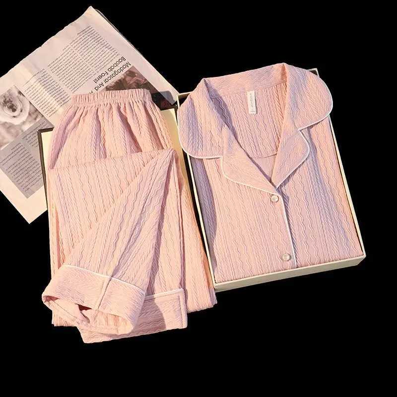 Women's Sleep Lounge Women's Korean Style Pajamas Set Cotton-Like Jacquard Solid Sweet Home Sweater Simple Design Spring/Autumn Ins-Inspir