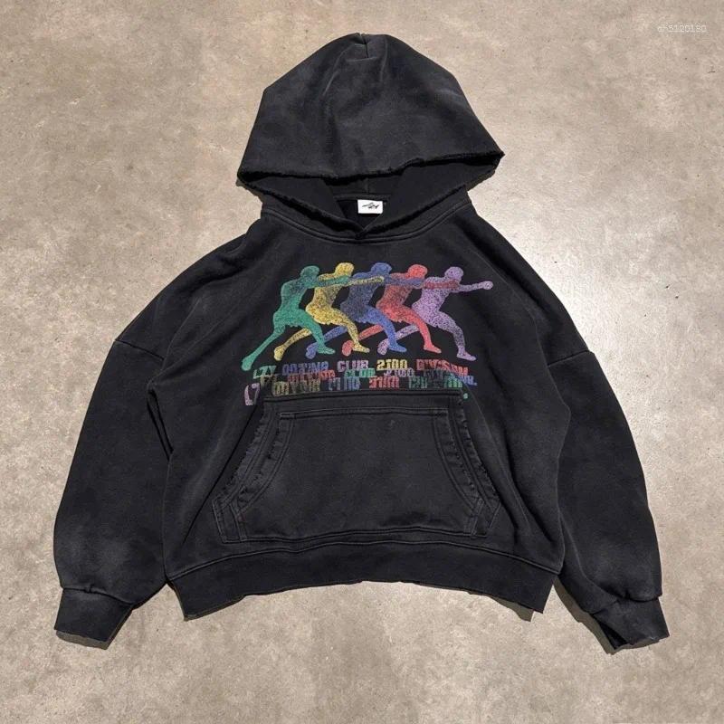 Retro Black Washed Hoodie Boxing Club Cropped Hooded Sweatshirt Trendy High Street Streetwear Unisex Oversized Pullover Coat