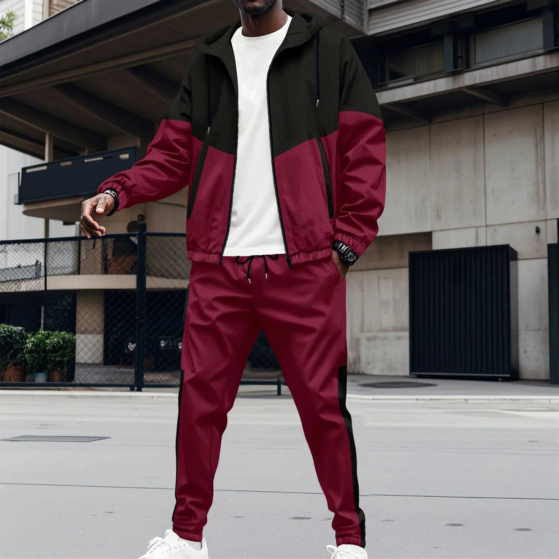 2025 new spring and fall men's hooded Waffle color matching jacket double pocket long sleeve jacket casual sports two pants suit T260924