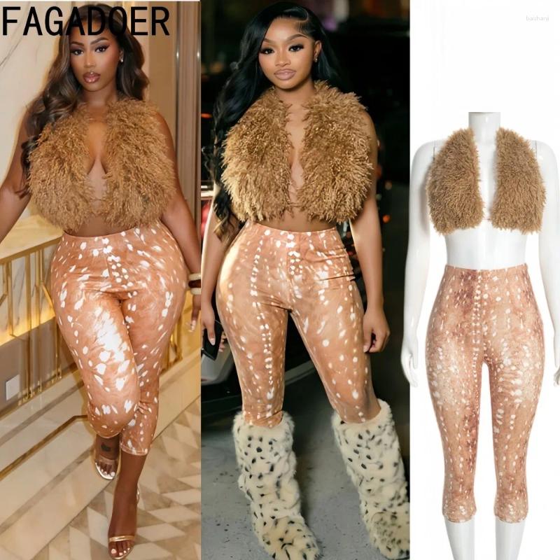 Top Sexy de piel sintética con cuello en V para mujer, pantalones Capri estampados de cintura alta, conjunto de dos piezas, traje elegante para fies