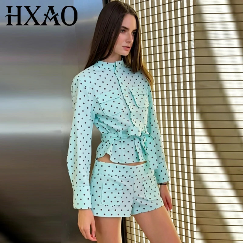 HXAO Green Polka Dot Shorts Set Summer Women's Suit Pockets Crop Long Sleeve Belt Shirts 2 Piece Set High Waisted Shorts Outfits 260923