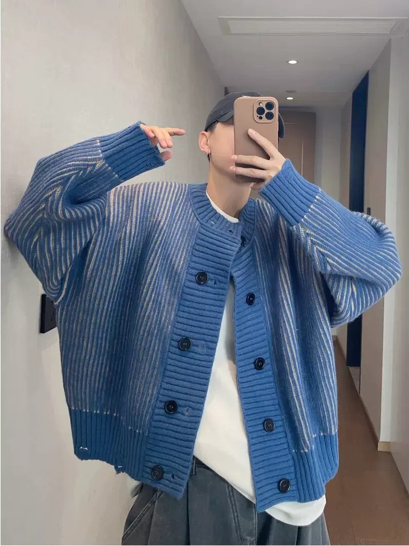 American-style heavyweight double-breasted sweater men, breathable loose-fitting knit cardigan for autumn, trendy and casual outerwear