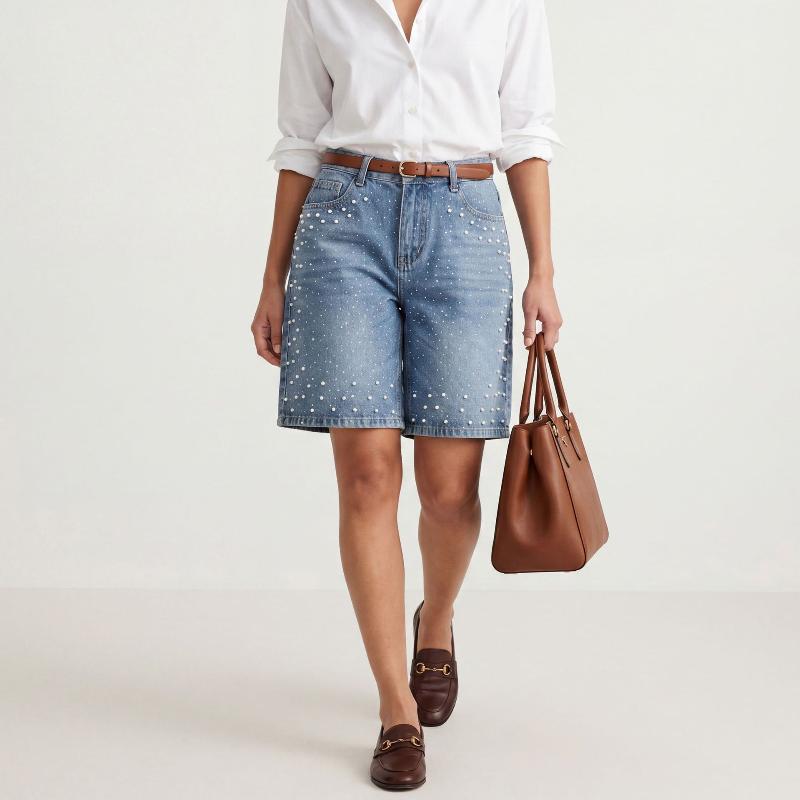 Ladies High Waist Vintage Light Blue Denim Shorts Full Pearl Beaded Embellishment Loose Straight Fit Classic Five Pockets Knee Length Casual Jean