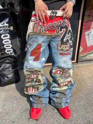 Men's Jeans Ripped Jeans Hot Punk Embroidery Printed Baggy Jeans Men Heavy Craftsmanship Retro Style Wide Leg Pants hip-hop Goth Y2k Jeans H260