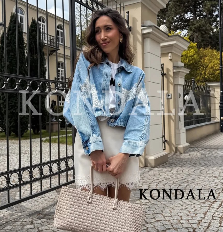 KONDALA Leisure High Street Denim Lace Jacket Women Elegant Trendy Bomber 2026 Spring Fashion Ladies Buttons 260921