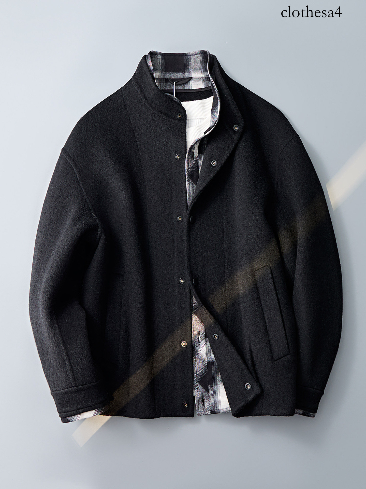 Men's stand-collar wool coat, short black casual jacket, high-end faux two-piece plaid patchwork outerwear, 2026