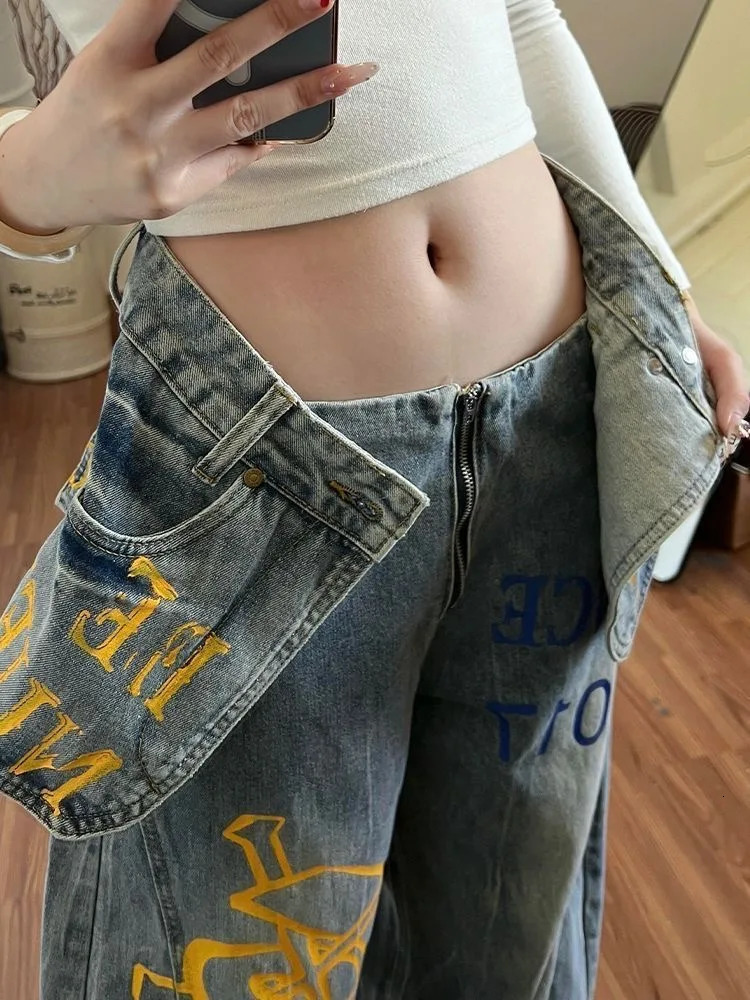 Women's Baggy Jean ner American Retro Harajuku Grunge Graffiti Wide Fit Jeans Y2k Japanese Denim Pants Two Pieces 260922