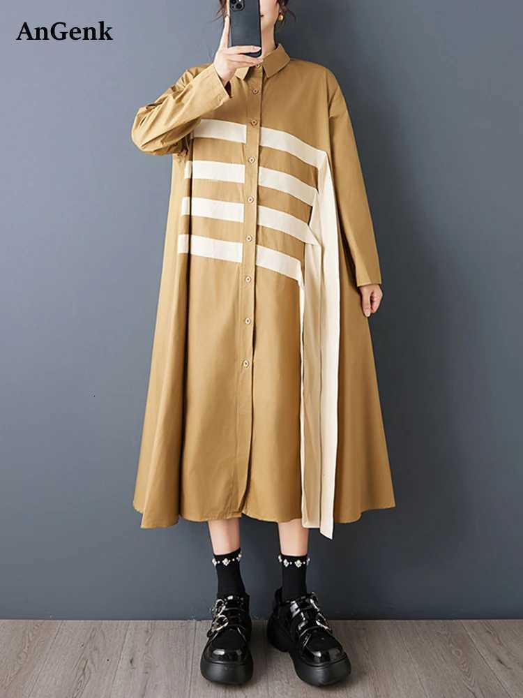 Sleep Lounge Women's Patchwork Contrast Color Oversized Shirt Dresses For Women New Long Sleeve Loose Casual Vintage Dress Clothes Spring Autum