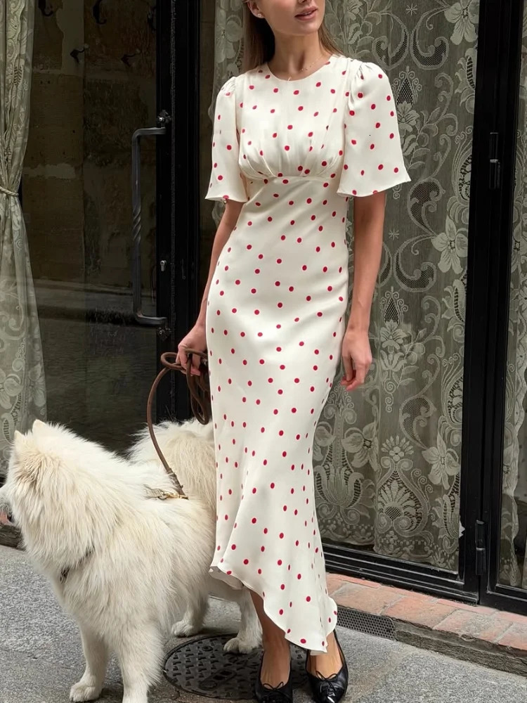 Women's White Red Polka Dot Mixi Dress Elegant Round Neck Flutter Short Sleevewaist Cinching Dresses Women Summer Daily Outfit 260922