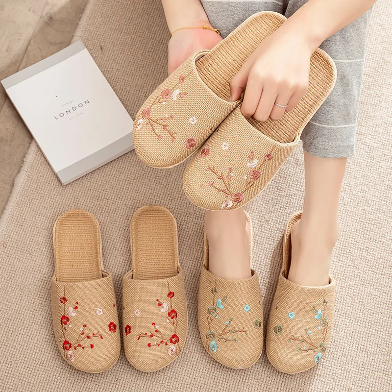 Linen Slippers Female Summer Male Couple Home Embroidered Non-Slip Soft Bottom Indoor Home Use Cotton And Linen Floor Slippers 260918
