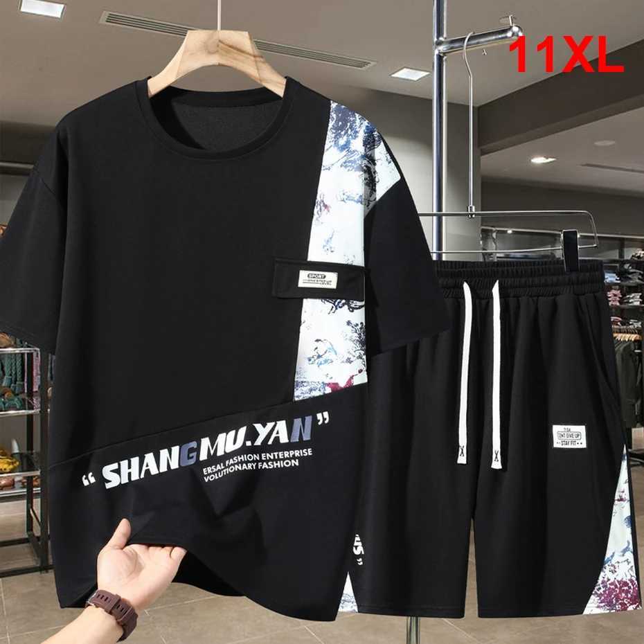 Men's Sets Summer Vintage Patchwork Suits 10XL 11XL Plus Size Summer T-shirt Shorts Male Big Size Suits T260924