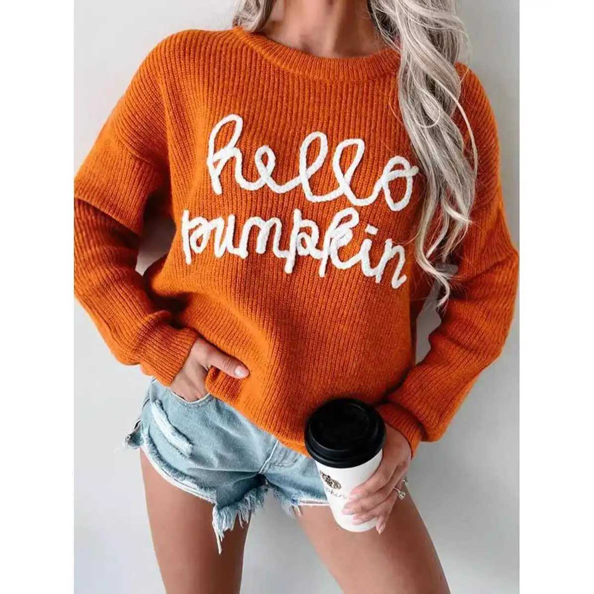Women's Sweaters Women's Pullover Knitwear Tops Halloween Fall Season Medium Thick Long Sleeve round Neck Sweater Fashionable Decorated Su
