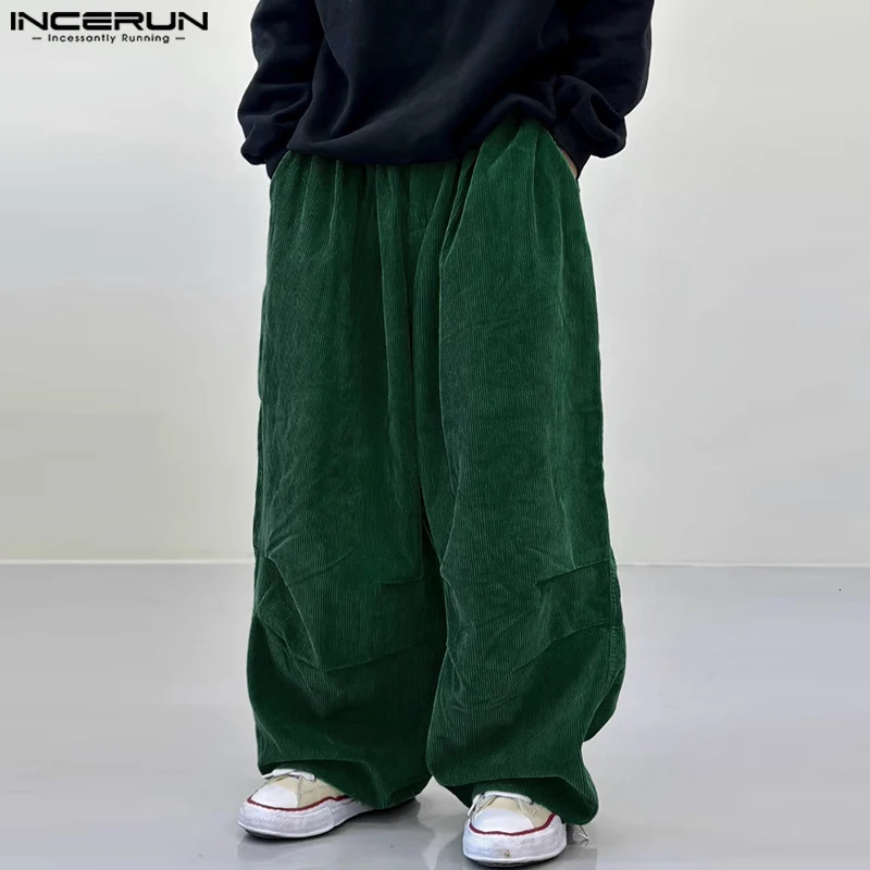 INCERUN Men Corduroy Pants Solid Color Loose Elastic Waist Streetwear Casual Wide Leg Trousers Men Korean Style Long Pants 260923