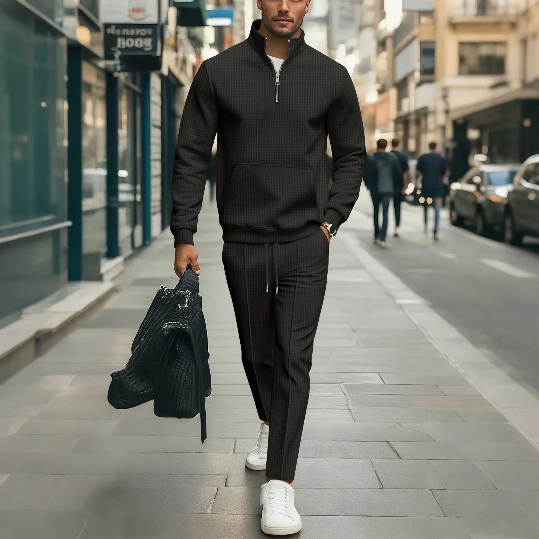 Street-Style Man's Outfit Solid Color Casual Travel Two-Piece Set Urban Sports Half-Zip Pullover Top + Casual Pants Set T260924