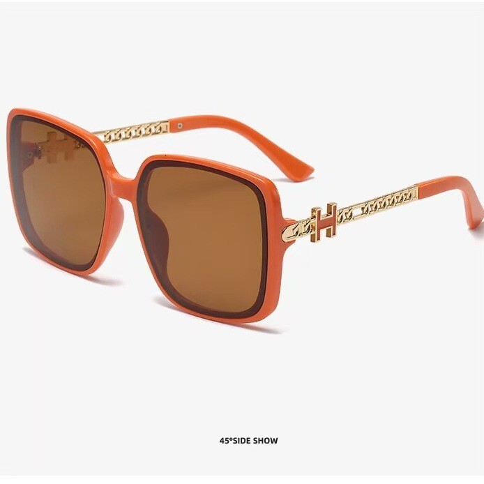 Vintage Brand Designer Sunglasses 2026 Live-Streaming Hit: Emma Orange Large-Frame Fashion Sunglasses For Women, Face-Slimming, With Chain Temples A