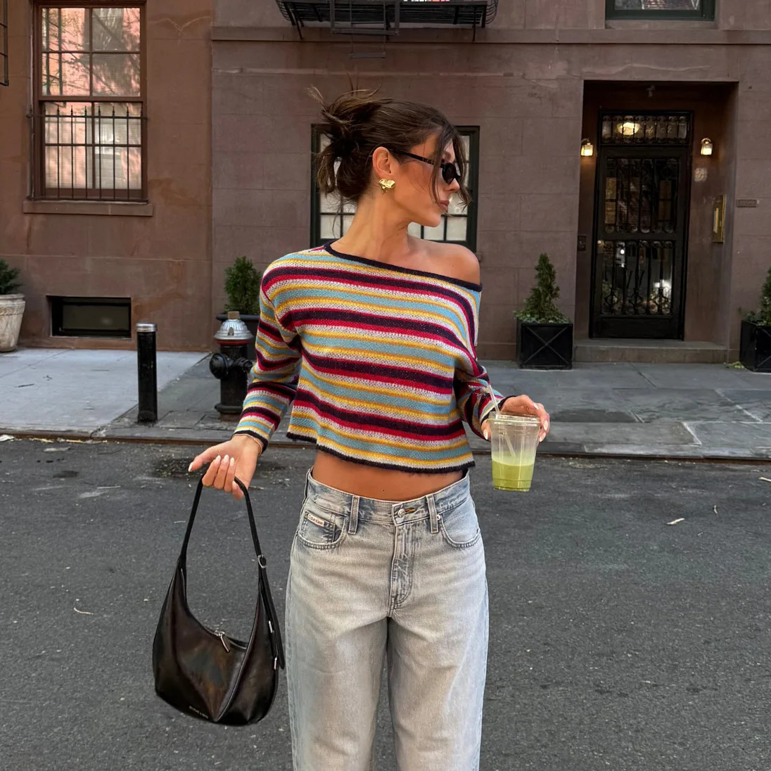 Combhasaki Womens Off Shoulder Knitted Top Loose Fit Casual Y2K Colorful Striped Contrast Color Long Sleeve Crop Sweater Jumpers 260924