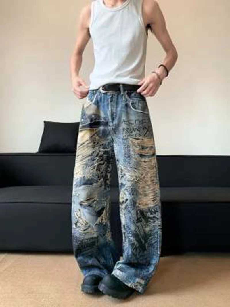 Men's Jeans Spring New Y2k GrAFfiti Ripped Hole Design Punk Hot Floor Pants American Plus Size 3D Printed Straight Leg Jeans for Man H260924