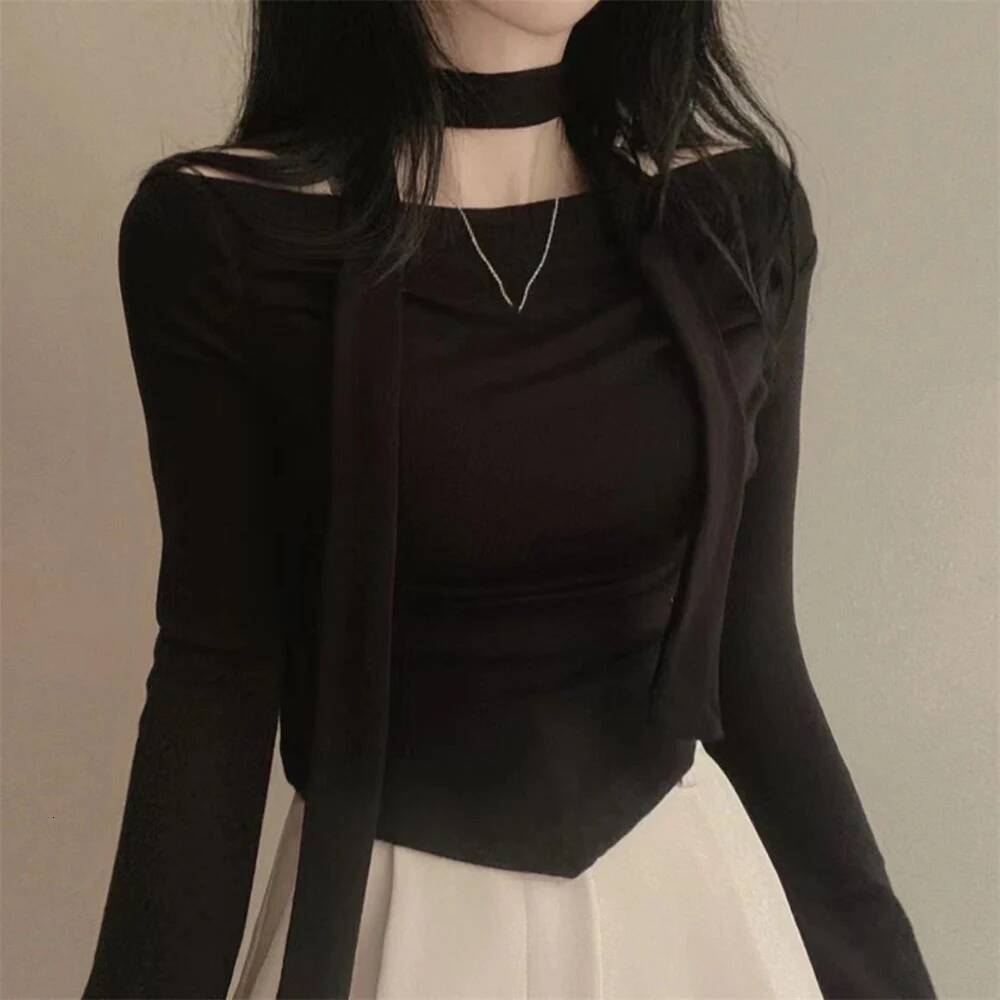 Autumn Slims Women's Off-Shoulder Flare Long Sleeve T-Shirt Slim Sexy Cropped Pleated Base Top For Korean Style Fashion Lady