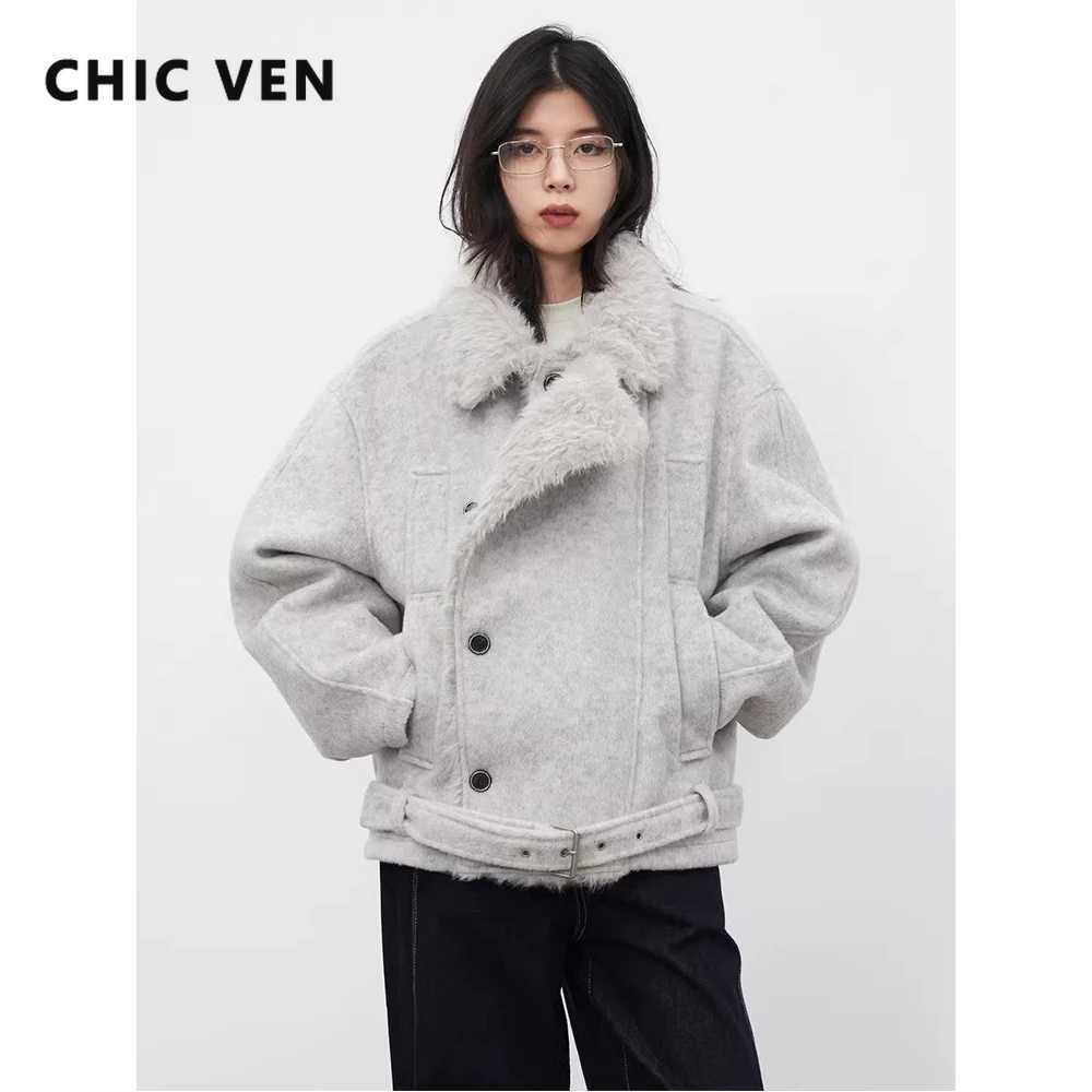CHIC VEN Fashion Women Woolen Coats New Loose Plush Collar Female Thick Overcoat Motorcycle Quilted Jacket Autumn Winter 2026 Z260924