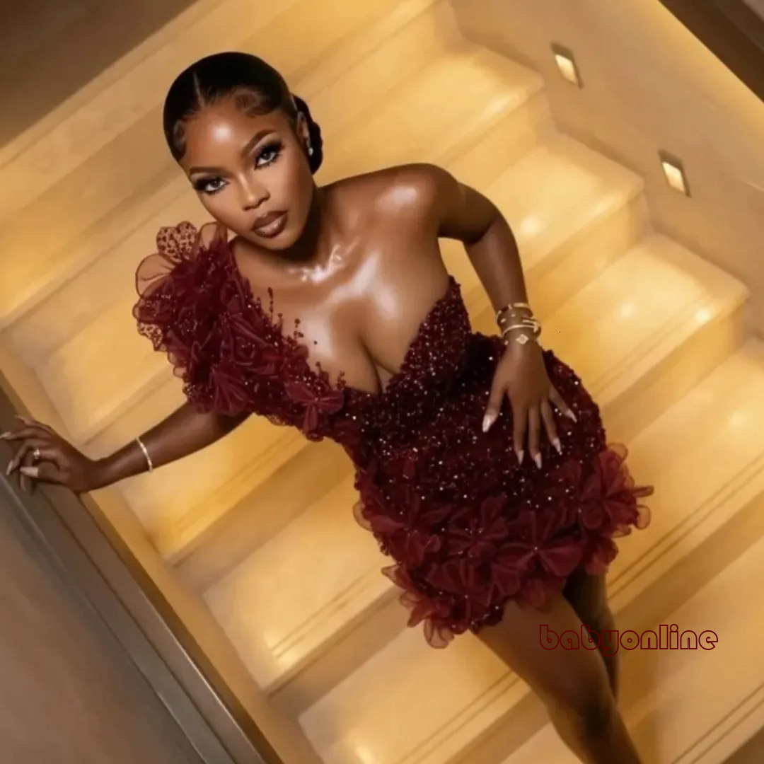 Burgundy One-Shoulder 3D Ruffle Sequin Beaded Homecoming Dress Cocktail Dress Mini Short Prom Dress For Black Girls Mermaid Gala Evening Gowns