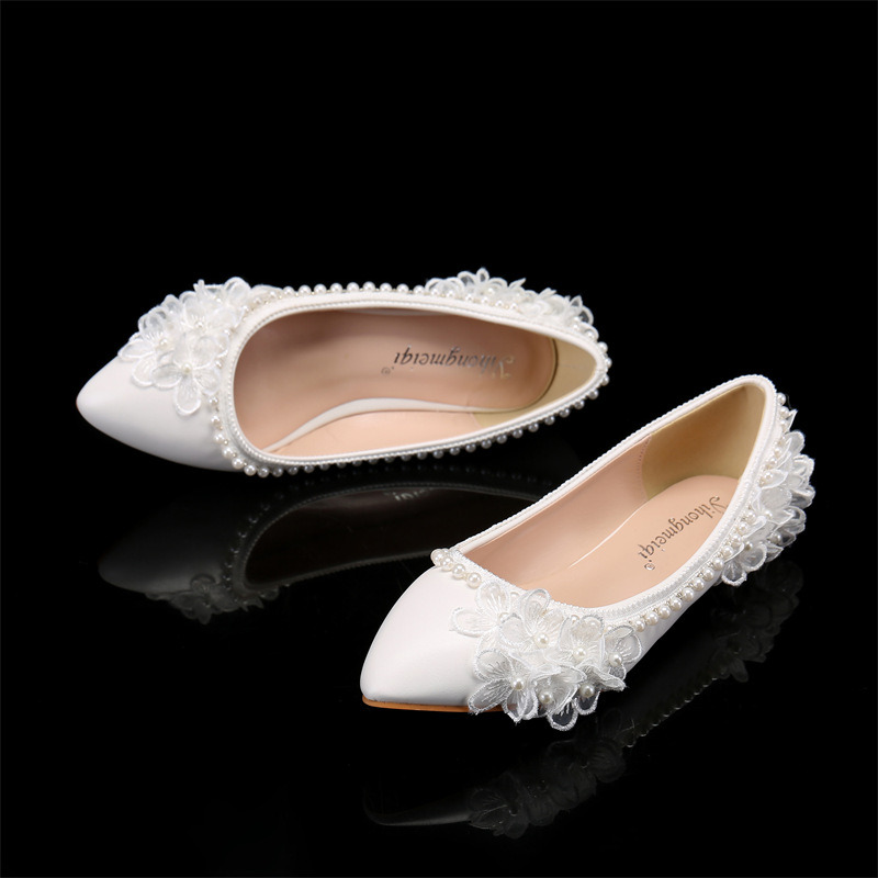 Women White Satin Ballet Flats Pointed Toe 3D Lace Flower Pearl Trim Slip On Wedding Bridal Bridesmaid Prom Evening Party Shoes Plus Size