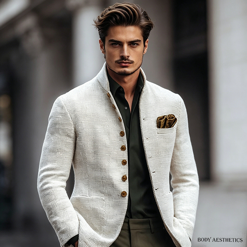 European and American men's casual stand-up collar jacket coat, men's fitted button-down pocket long-sleeved smart casual jacket