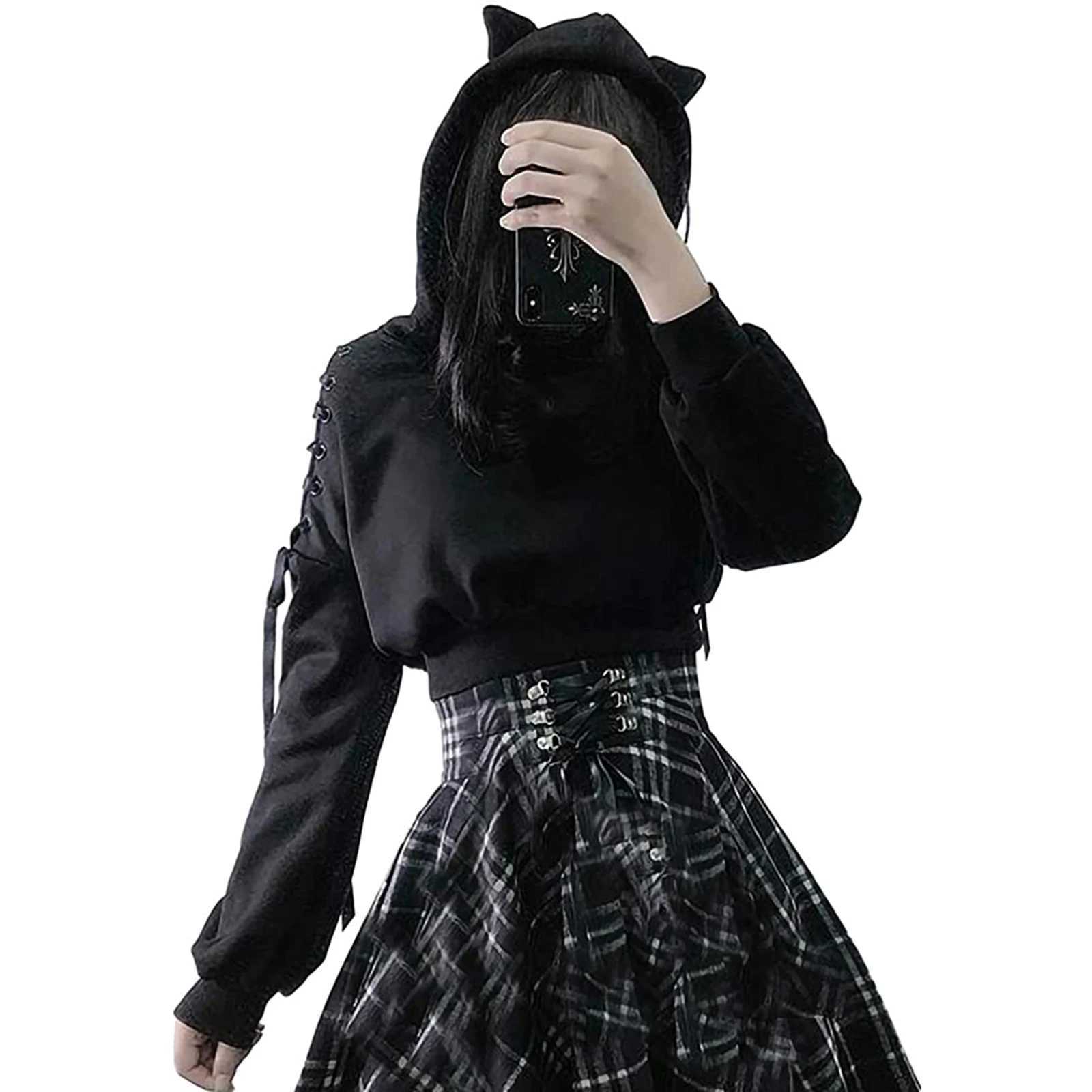 Women Autumn Teen Gis Crop Hoodie Long Sleeve Cold Shoulder Cute Cat Ear Pullovers Hooded Sweatshirt Tops Y2K E-Gis othes T260923