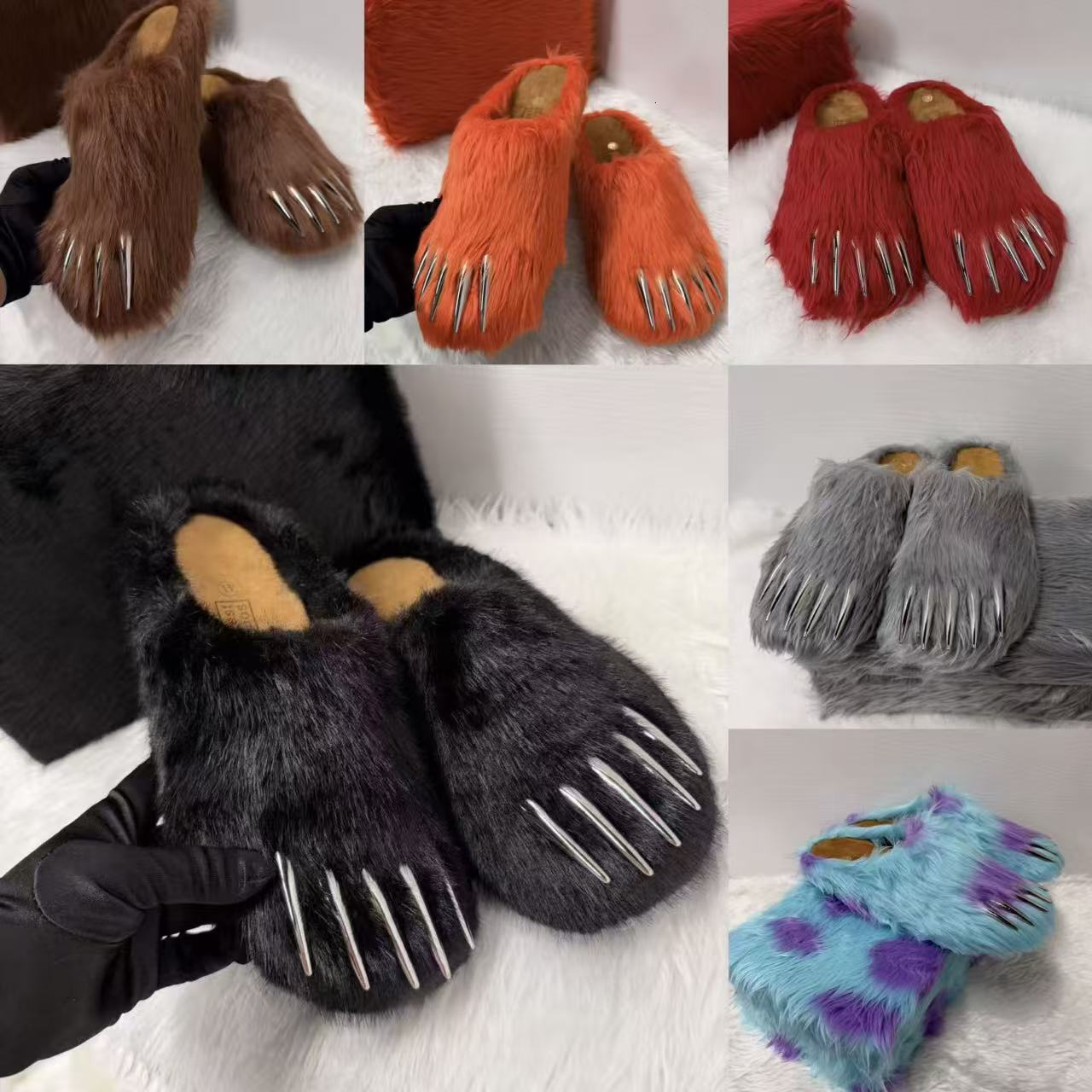 Bravest Studios Bear Claw Designer Furry Slippers Mules Warm Flip Flops Couple Indoor Shoes Women Cotton monster Unisex Animal Boots Fur Slides With