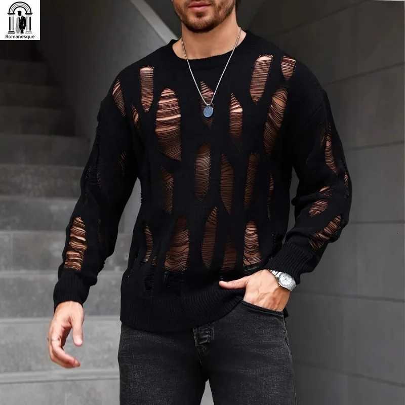 Sweaters Men's Men's Distressed See Through Knit Sweater Hollow Out Ripped Pullover Fashion Punk Streetwear Sexy Mesh Jumper For Club Part