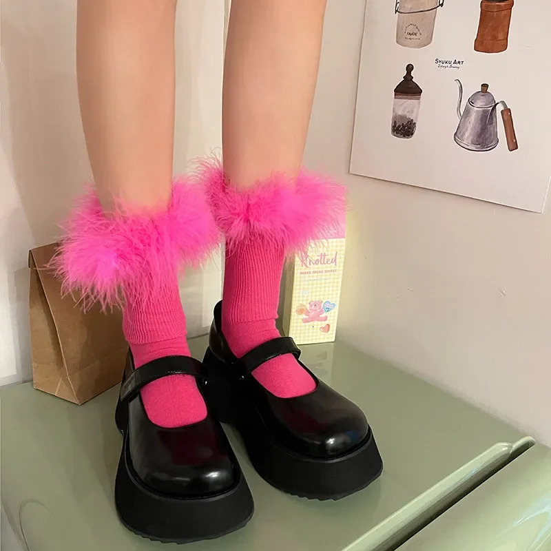 Y2k Women Feather Fur Middle Tube Socks Rose Pink Jk Lolita Socks Cotton Funny Cotton Socks Pile Cosplay Party Accessories 260924