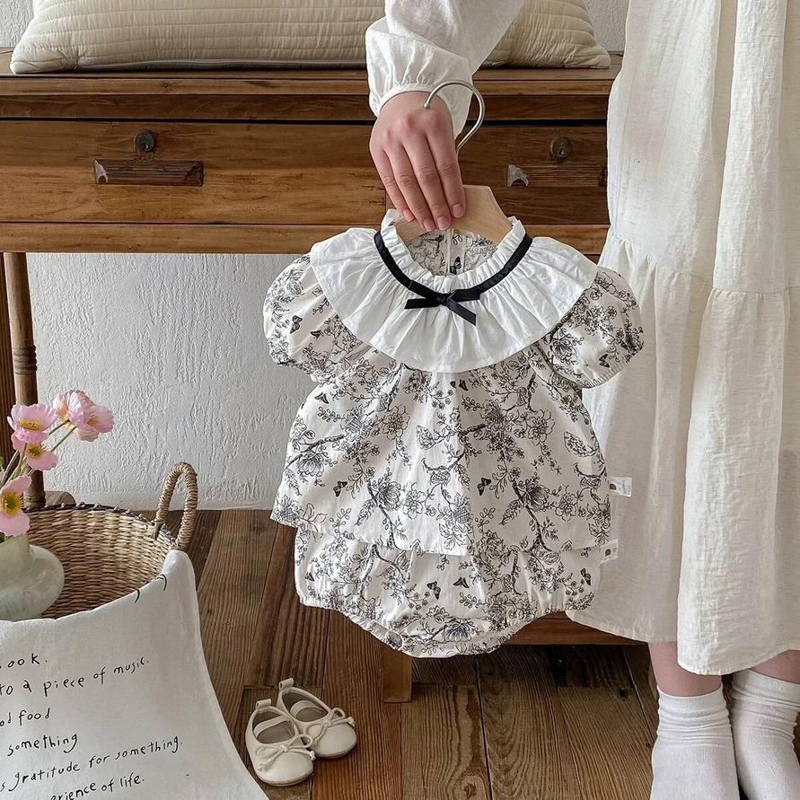 Boys Clothing Set Baby Girls Sets Toddler Floral Bow Falbala Collar Short Sleeve Tops With Bodysuits Shortspcs Summer baby 2pcs Newborn Cotton Princ