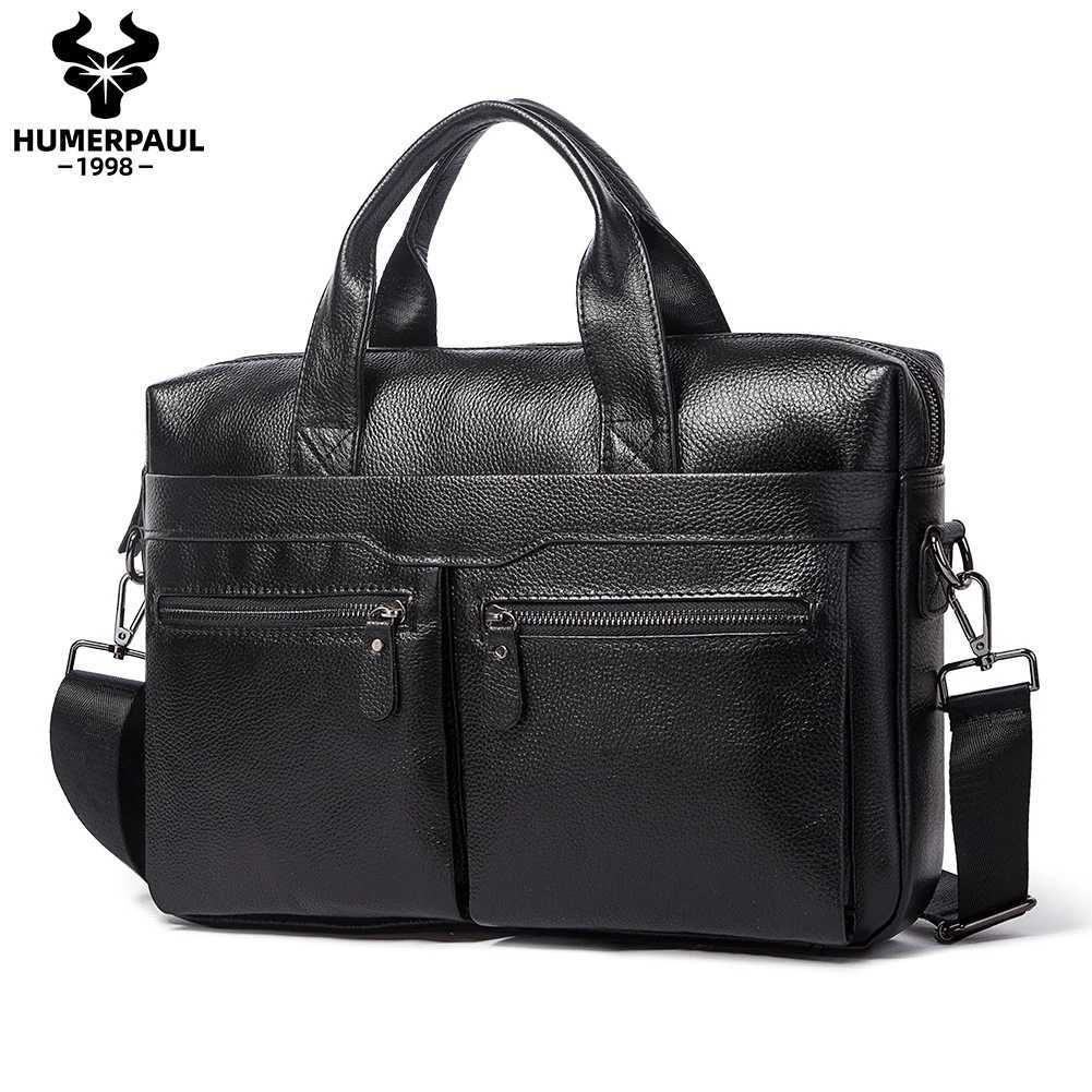 Briefcases HUMERPAUL Men's Genuine Leather Briefcase Business Laptop Bag with Multiple Pockets Durable Handbag Shoulder Bags for Travel H260923