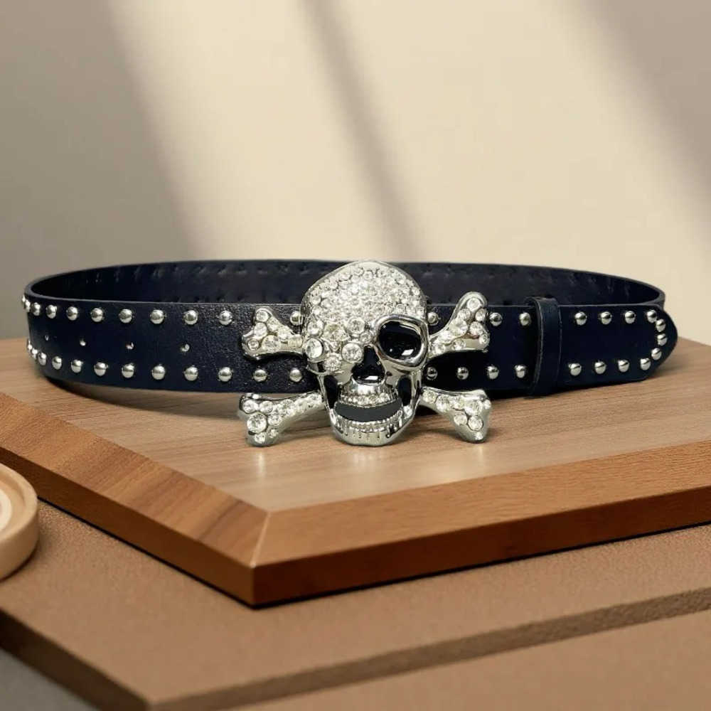 European and American-Style Belts Unique Rhinestone Skull Belt Trendy Fashionable Punk-Style Snap-Button Casual Belt for Men and Women J260923