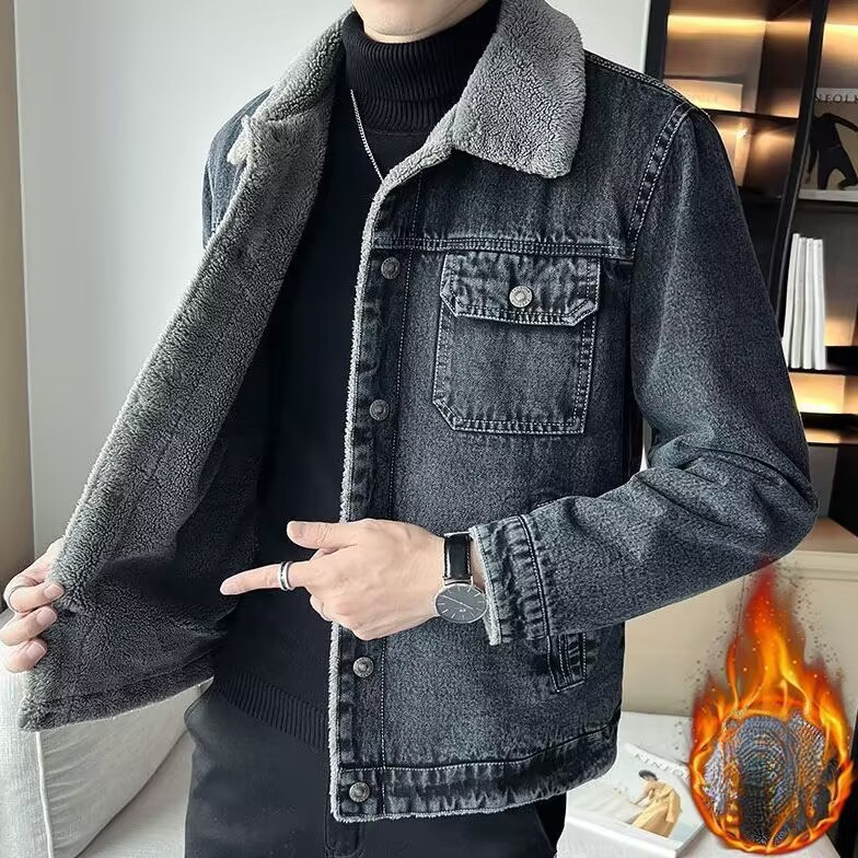 Men's Denim With Fleece Lining, Thickened Winter Style, Lamb Wool, 2024 New Korean Version, Slim Fit, Turn-Down Collar, Casual Jacket Manlishan