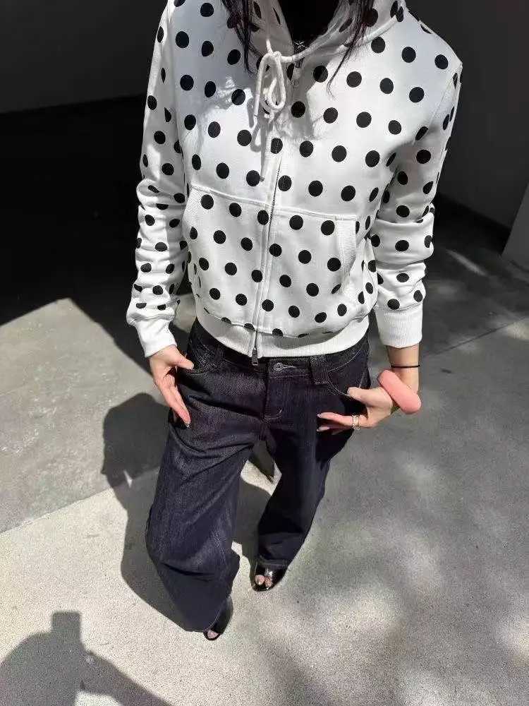 Y2k Polka Dot Streetwear Casual Sweatshirts American Style Aesthetic Grunge Pocket Hoodies Harajuku Cropped Hooded Women T260923