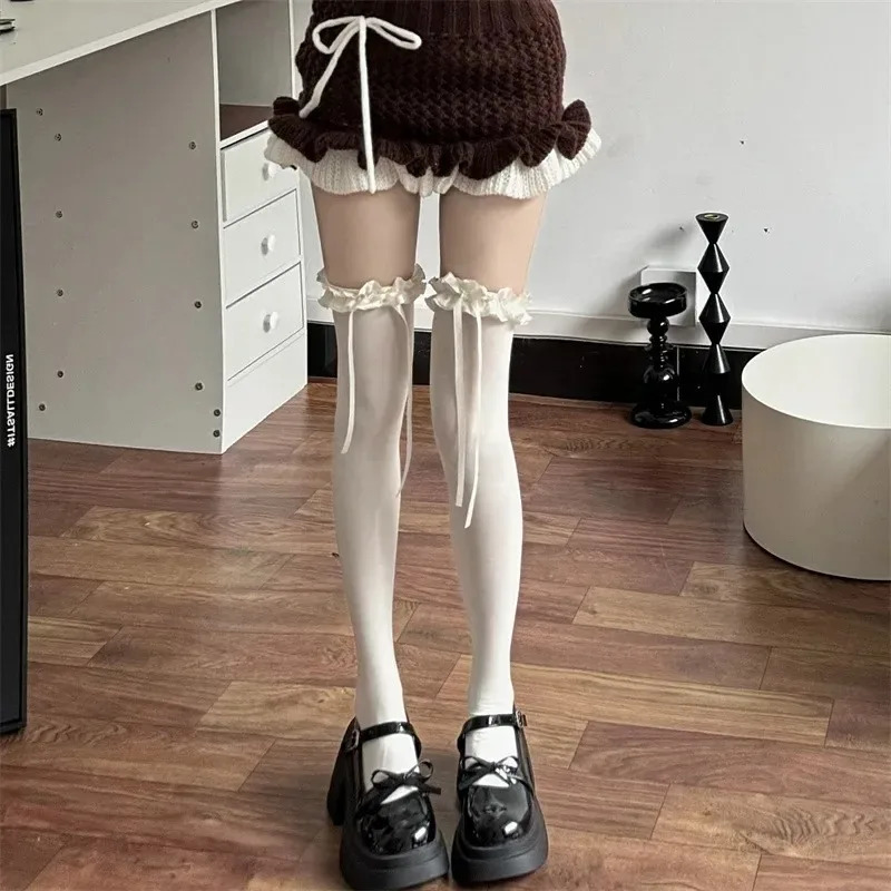 Women's Kawaii Black Bows Japanese Lolita Knee High Socks Sexy Lace Thigh High White JK Stockings for Girls 260923