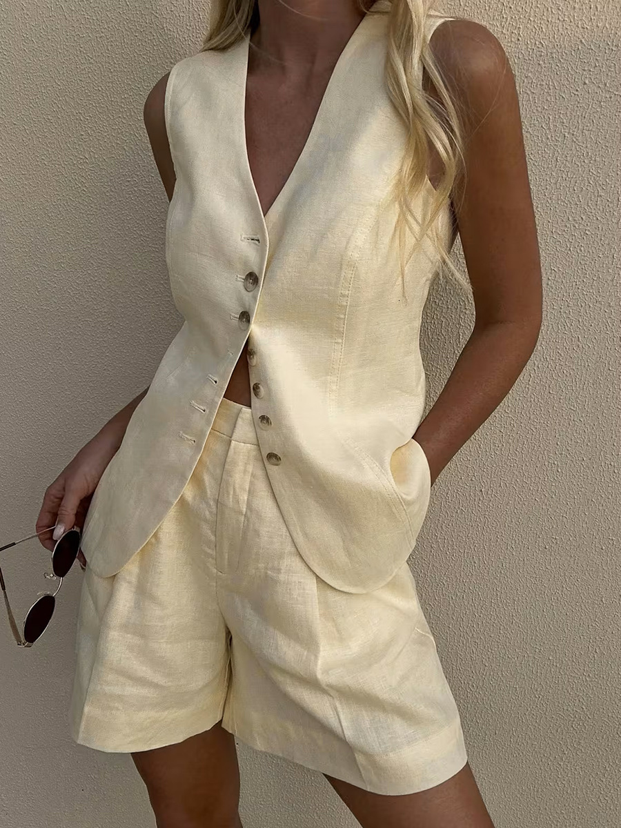 Women Summer Cotton Linen 2 Piece Outfit Sleeveless Vest Top And Shorts Set Casual Office Commute Matching Suit