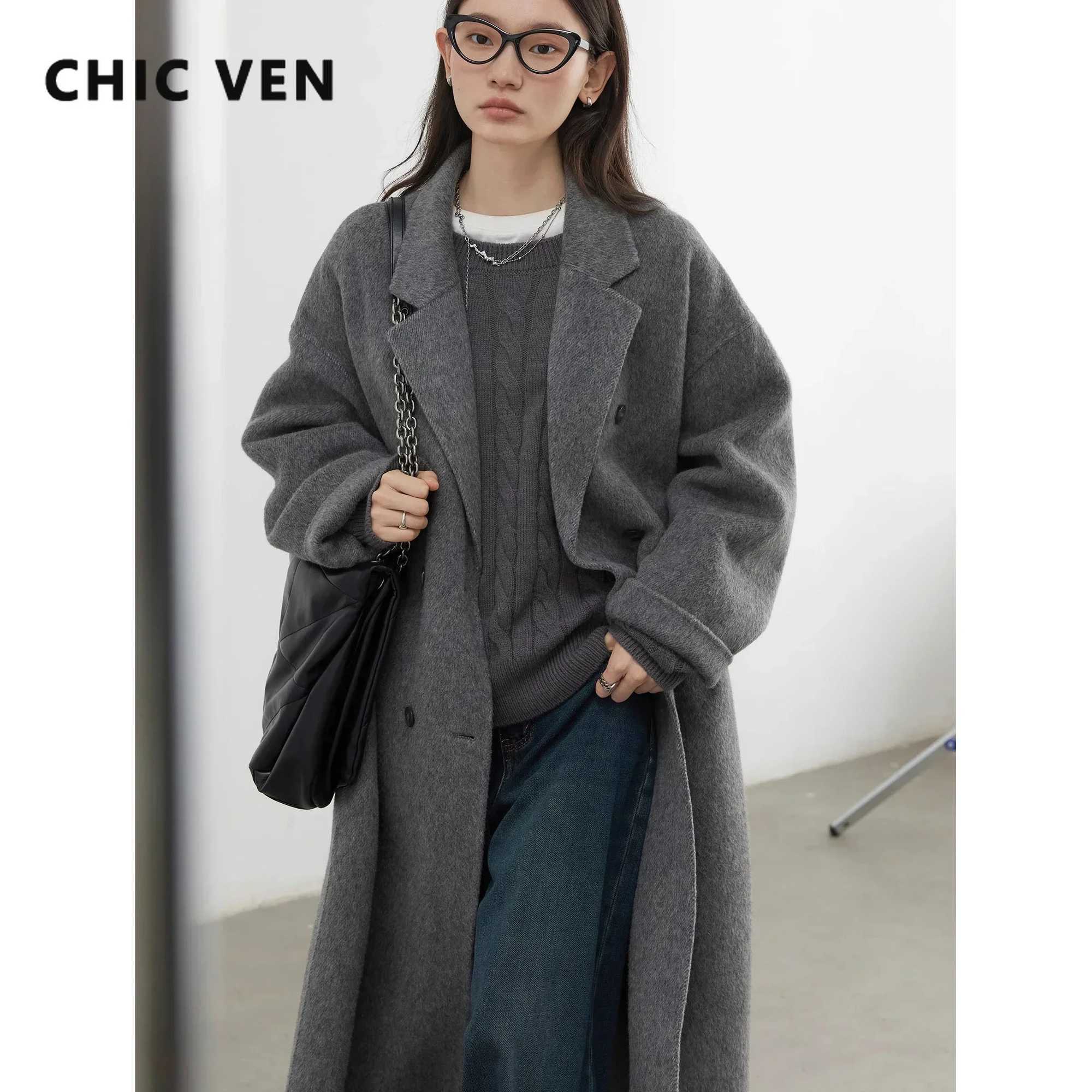 CHIC VEN Women Woolen Coat Double-breasted Basic Loose Casual Retro New Long Double-sided Female Overcoat Autumn Winter 2026 Z260924