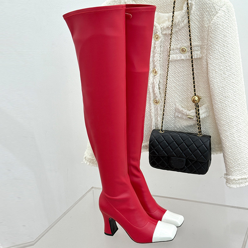 Classic Designer Square Toe Color Blocked Elastic Boots Womans Trendy Red Splicing White Calf Leather High Boots Womens Autumn Winter Outdoor Daily