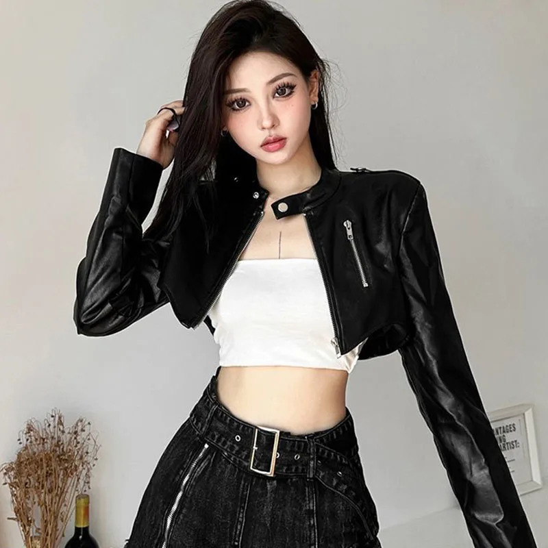 Korean Chic Short Faux Leather Jackets Women Autumn Irregular Black Motorcycle Jacket All-Match Vintage Trend PU Coat 260923