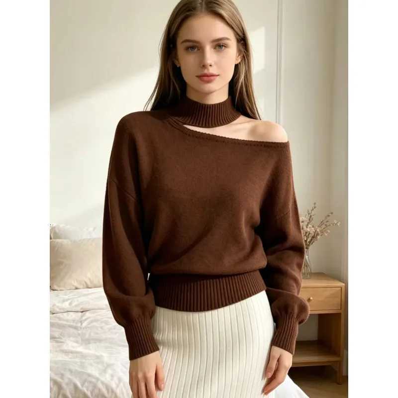 Women's Sweaters Off Shoulder Stand Collar Solid Color Casual Elegant Women's Pullover Autumn Winter Fashion Simple Korean Knitted Sweater